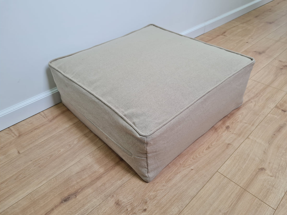 Unique HEMP Floor Cushion Marogan filled organic Hemp Fiber with removable Cover with zipper in natural linen fabric couch settee ottoman
