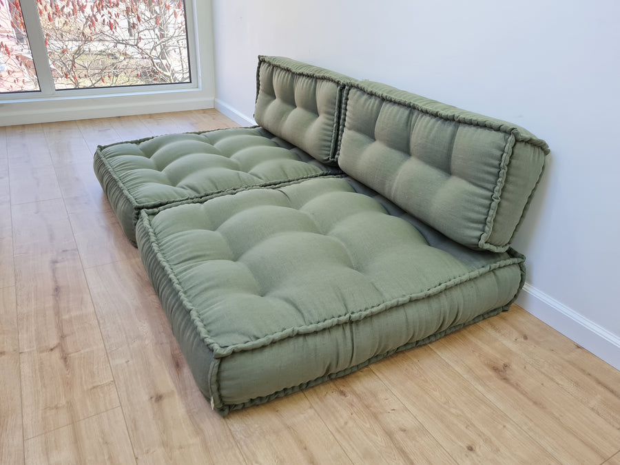 Unique Set of Hemp floor cushions: two 35"x28"x7.8"(90x72x20 cm), plus two back cushions of 28"x12.5"x7.8"(72x32x20) organic hemp filling