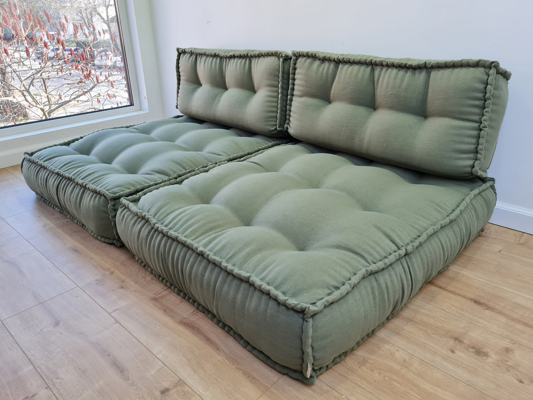 Unique Set of Hemp floor cushions: two 35"x28"x7.8"(90x72x20 cm), plus two back cushions of 28"x12.5"x7.8"(72x32x20) organic hemp filling