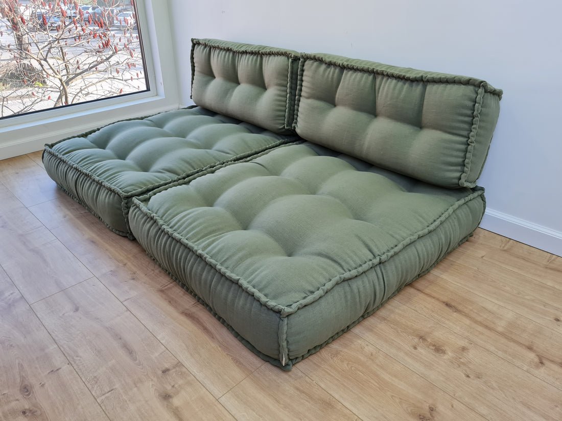 Unique Set of Hemp floor cushions: two 35"x28"x7.8"(90x72x20 cm), plus two back cushions of 28"x12.5"x7.8"(72x32x20) organic hemp filling