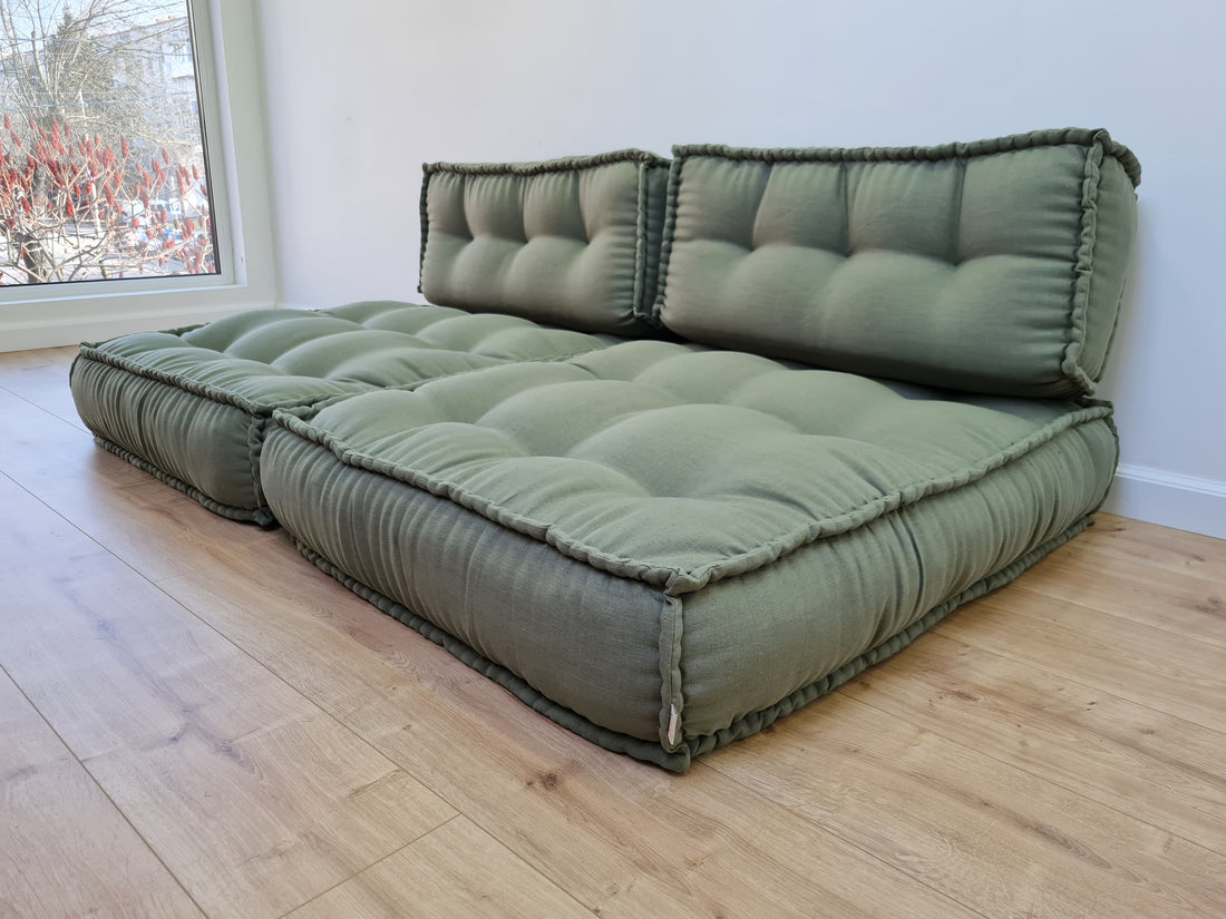 Unique Set of Hemp floor cushions: two 35"x28"x7.8"(90x72x20 cm), plus two back cushions of 28"x12.5"x7.8"(72x32x20) organic hemp filling