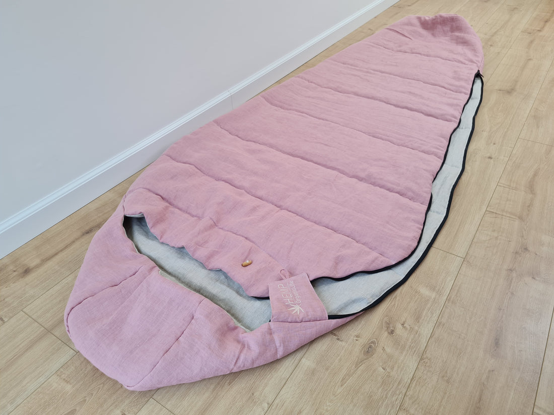 HEMP natural Sleeping bag with hood organic hemp fiber filling inside in linen non-dyed + pink fabric hand made