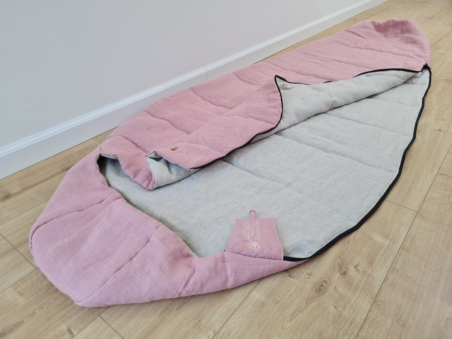 HEMP natural Sleeping bag with hood organic hemp fiber filling inside in linen non-dyed + pink fabric hand made