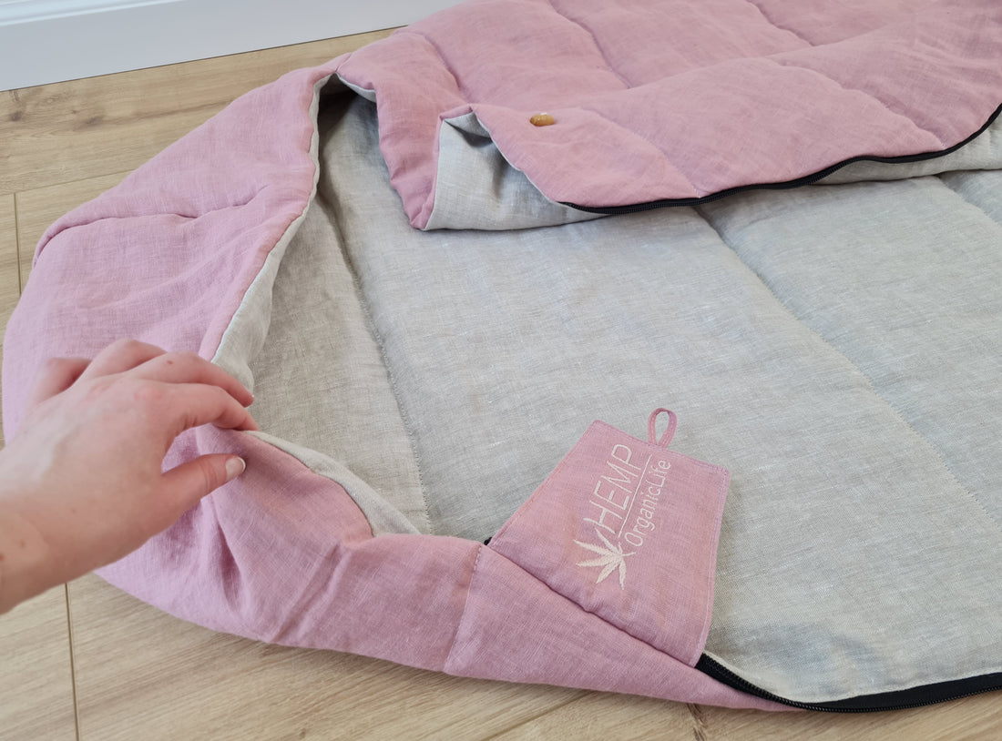 HEMP natural Sleeping bag with hood organic hemp fiber filling inside in linen non-dyed + pink fabric hand made