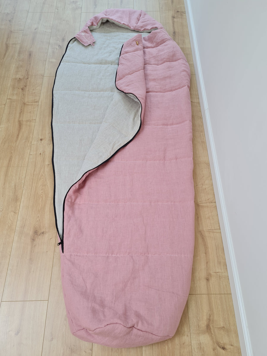 HEMP natural Sleeping bag with hood organic hemp fiber filling inside in linen non-dyed + pink fabric hand made