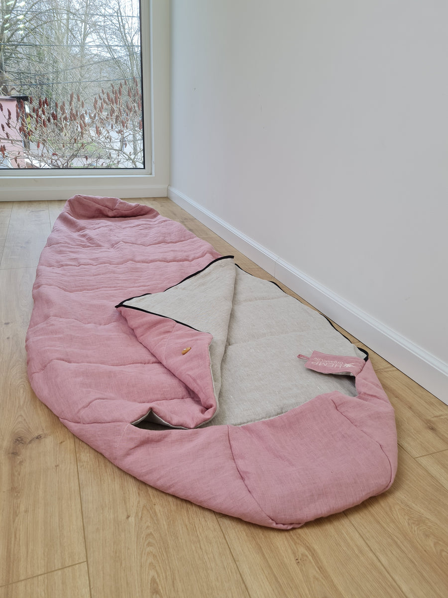 HEMP natural Sleeping bag with hood organic hemp fiber filling inside in linen non-dyed + pink fabric hand made