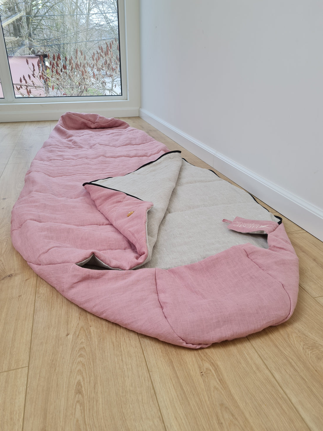 HEMP natural Sleeping bag with hood organic hemp fiber filling inside in linen non-dyed + pink fabric hand made