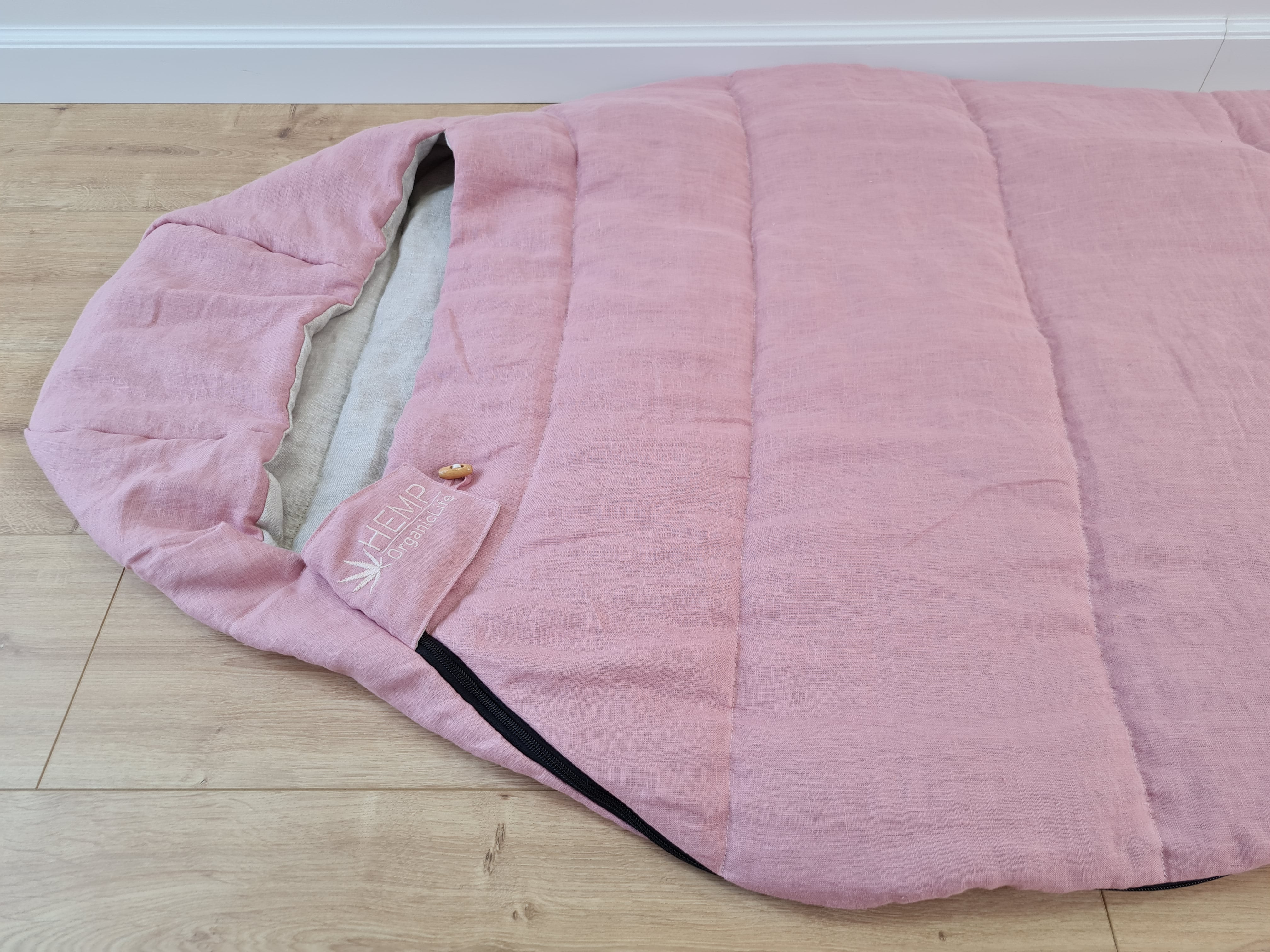 HEMP natural Sleeping bag with hood organic hemp fiber filling inside in linen non-dyed + pink fabric hand made