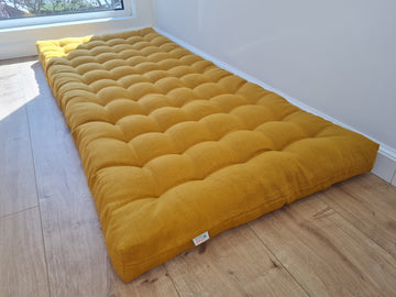 Special listing for Lee S three 26" x 28" hemp cushions in linen fabric in Mustard color