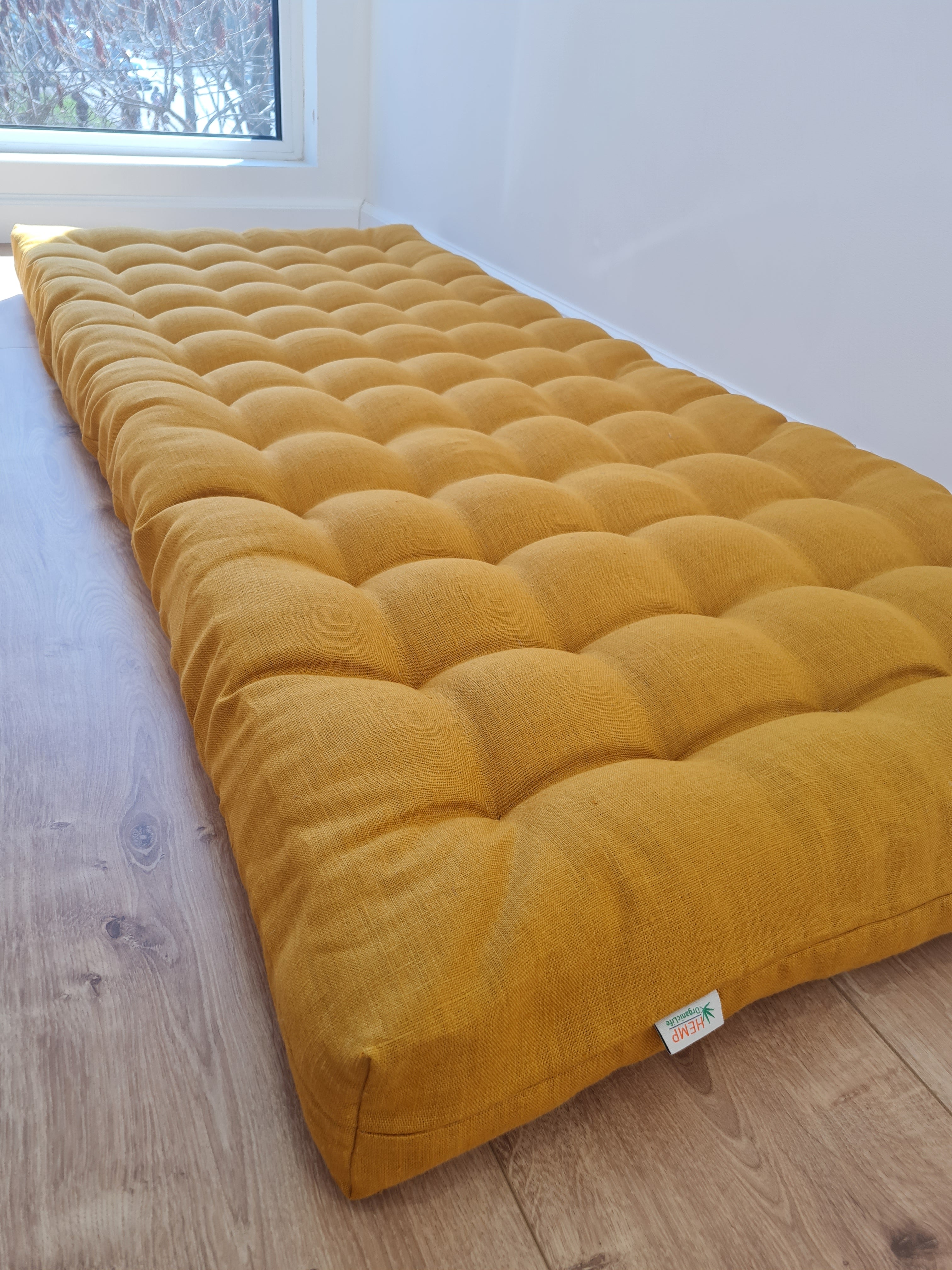 Hemp Linen cushion mat with organic hemp fiber filling in natural non dyed linen fabric window bench cushion custom made