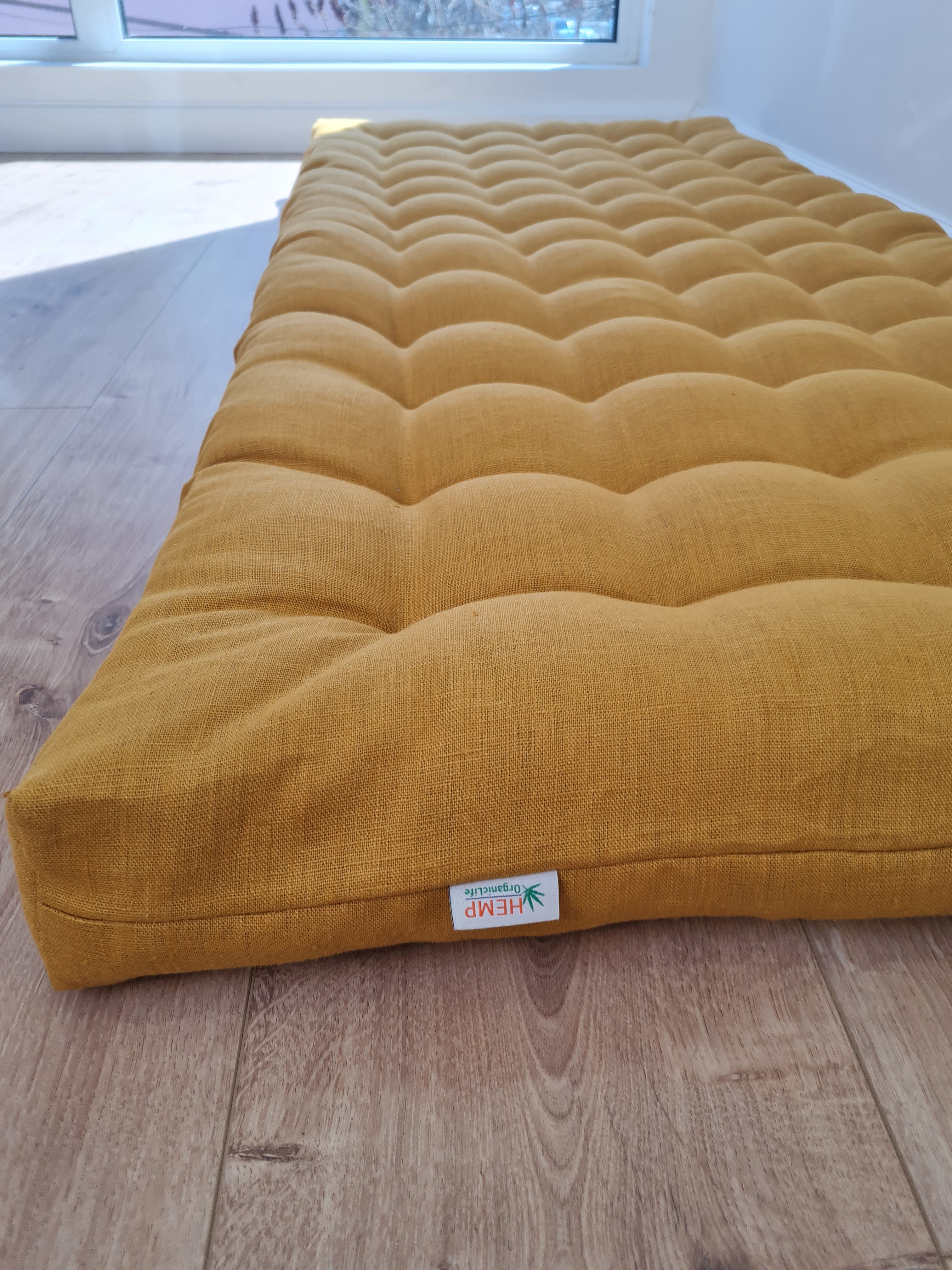 Hemp Linen cushion mat with organic hemp fiber filling in natural non dyed linen fabric window bench cushion custom made
