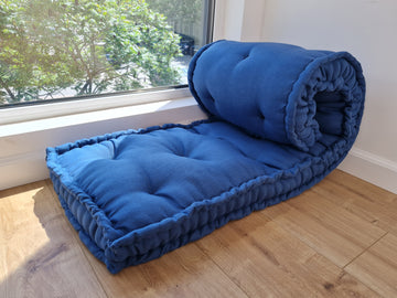 Hemp Custom madeWindow Mudroom Floor bench cushion filled organic hemp fiber in natural light blue linen fabric unique all natural pillow