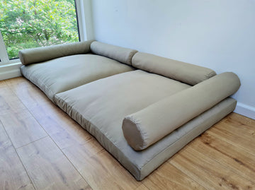 HEMP Custom made set of natural cushions for bench / floor seating: two 38"x38"x3" (97x97x8cm), with four bolsters