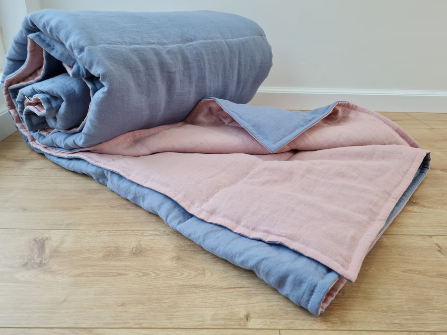 Natural Hemp Linen Blanket double-sided "Deep Blue + Coral Pink" quilt in stripe - Linen fabric filled organic Hemp fiber - Full Twin Queen King Custom Size