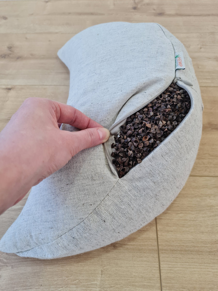 Hemp meditation Cresсent cushion filled with buckwheat hulls