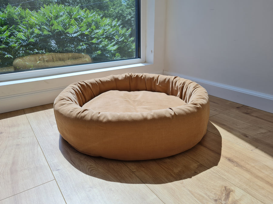 Round Hemp Cotton velvet Caramel Pet Bed Cot with Removable Washable Natural velvet Cover Filled Organic Hemp Fiber house eco-friendly Gift