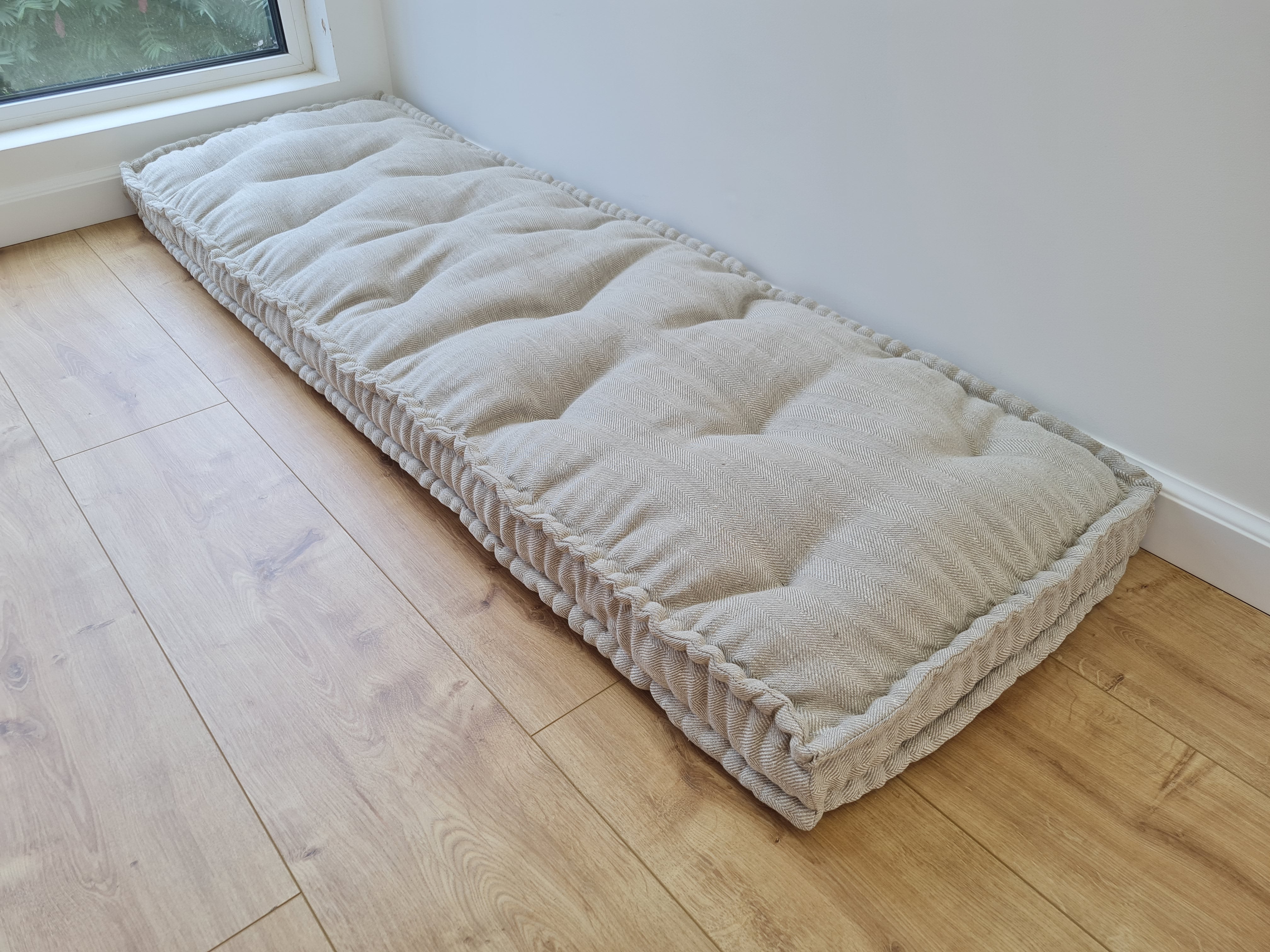 15" x 17.7" (38 x 45 cm) Hemp Custom madeWindow Mudroom Floor bench cushion filled organic hemp fiber in natural non-dyed linen fabric unique all natural pillow