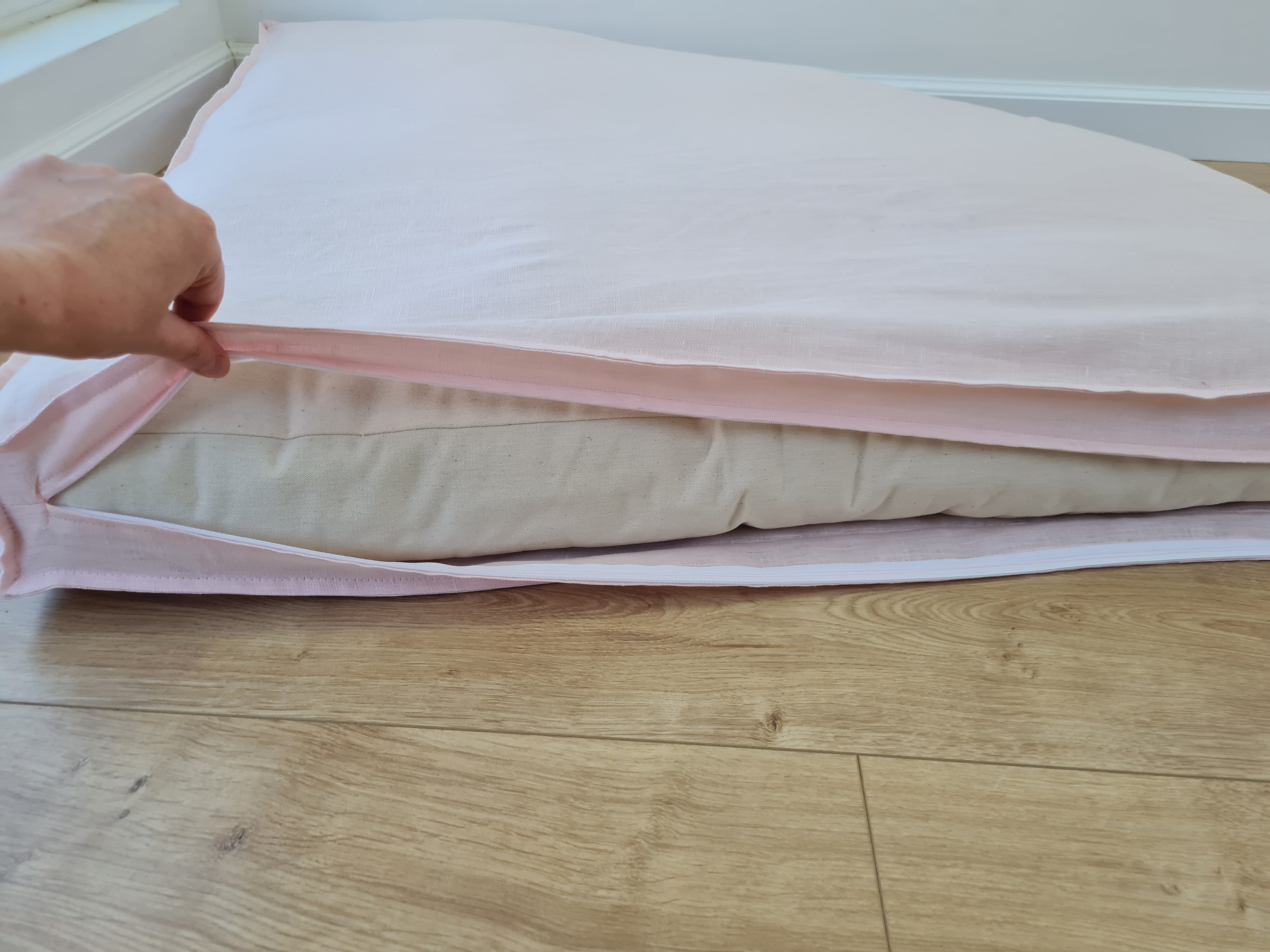 Hemp Reading nook cushion with removable cover Hemp fiber filler in cotton fabric with linen light pink cover/Floor cushion custom made size