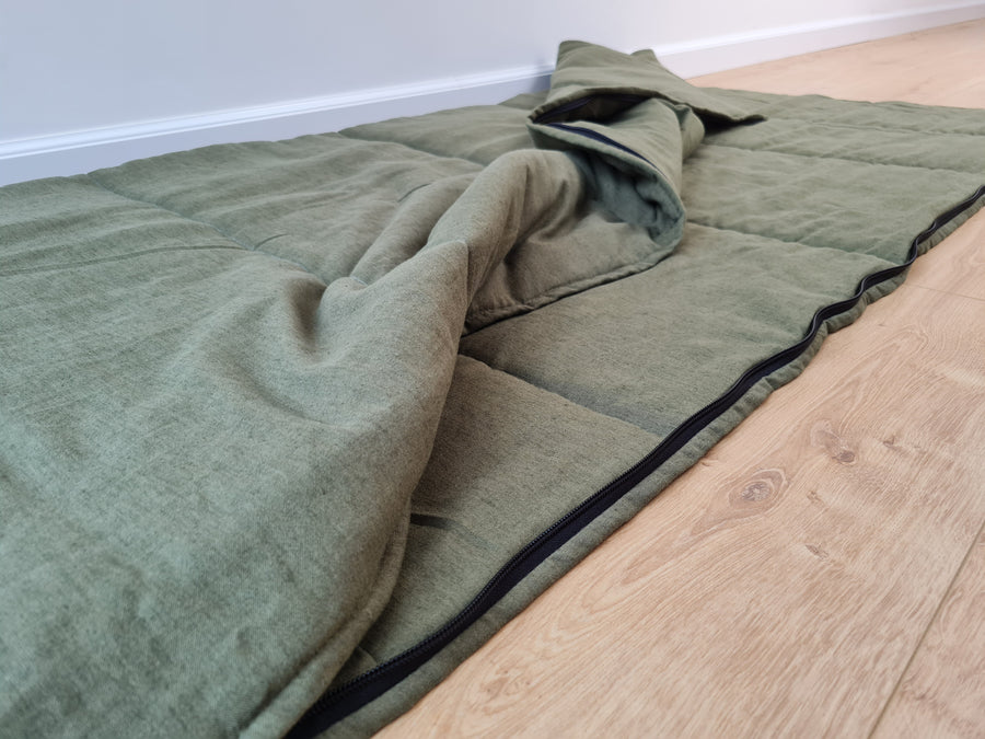 Organic HEMP Sleeping bag HEMP dark green fabric filled organic Hemp fiber filling - Hemp sleep bag / blanket quilt, hand made