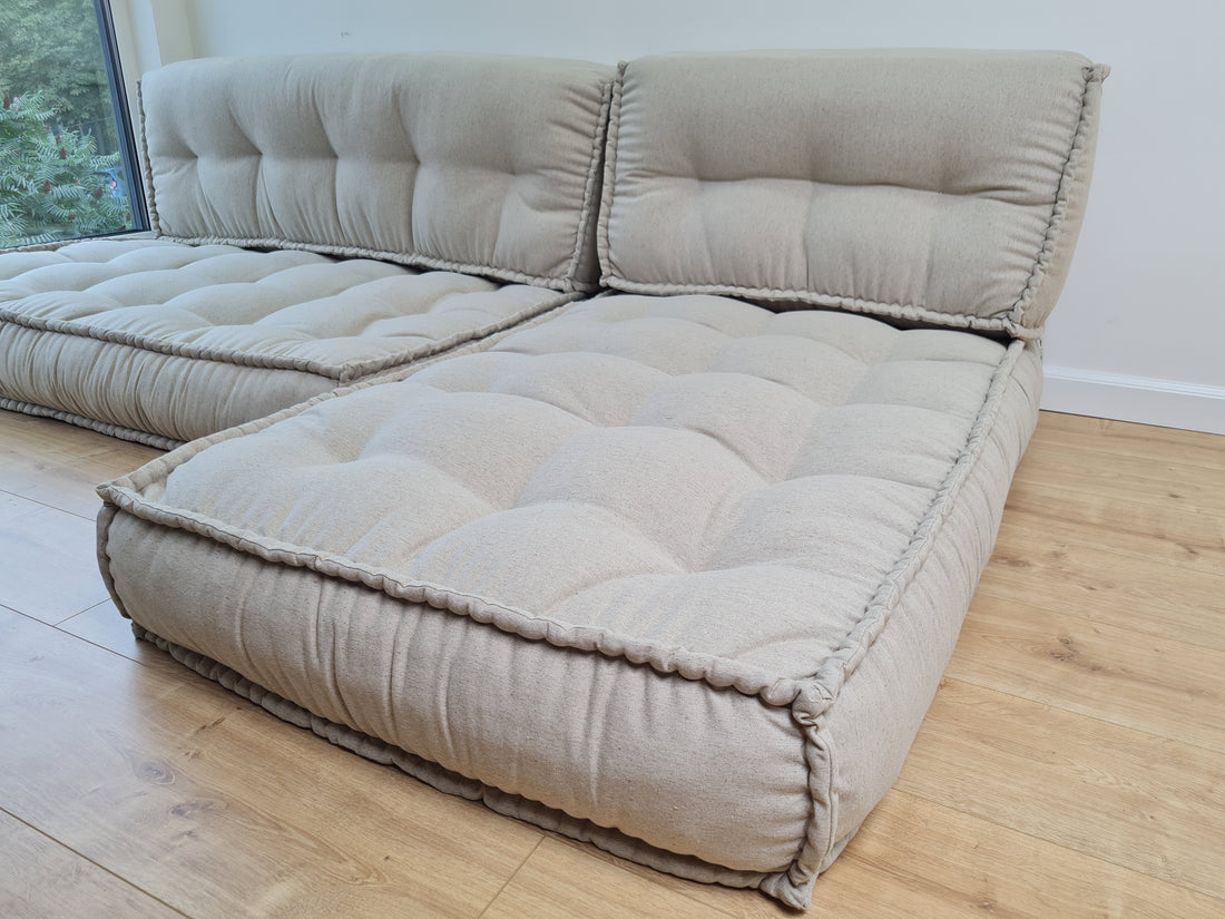 Unique Set of Hemp floor cushions: two 49"x29"x7.8", plus back cushions of 49"x16"x7.8" and 29"x16"x7.8" with organic hemp fiber filling