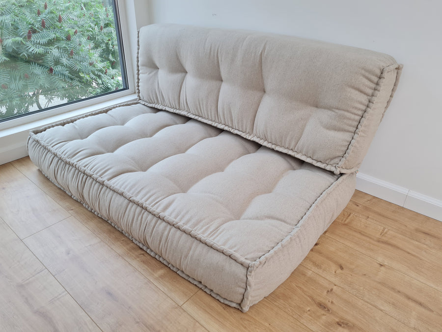 Unique Set of Hemp floor cushions: two 49"x29"x7.8", plus back cushions of 49"x16"x7.8" and 29"x16"x7.8" with organic hemp fiber filling