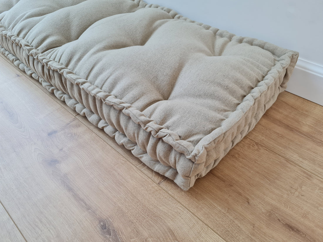 Hemp natural non-dyed grey beige window Mudroom Floor Bench cushion with organic hemp fiber filling in linen fabric custom made