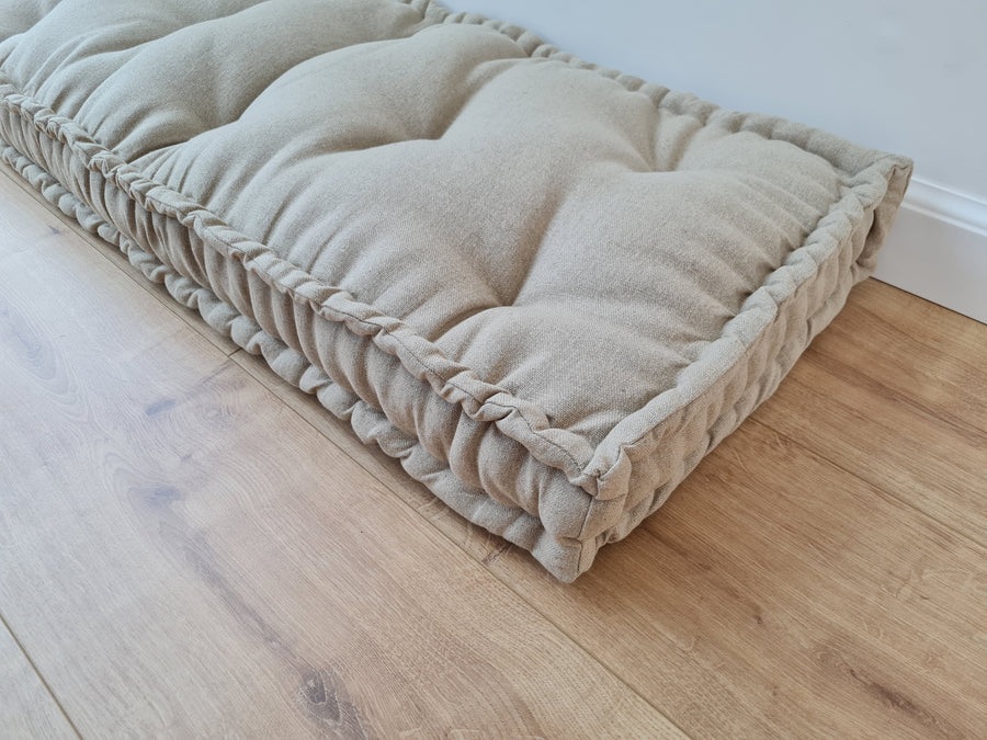 Hemp natural non-dyed grey beige window Mudroom Floor Bench cushion with organic hemp fiber filling in linen fabric custom made