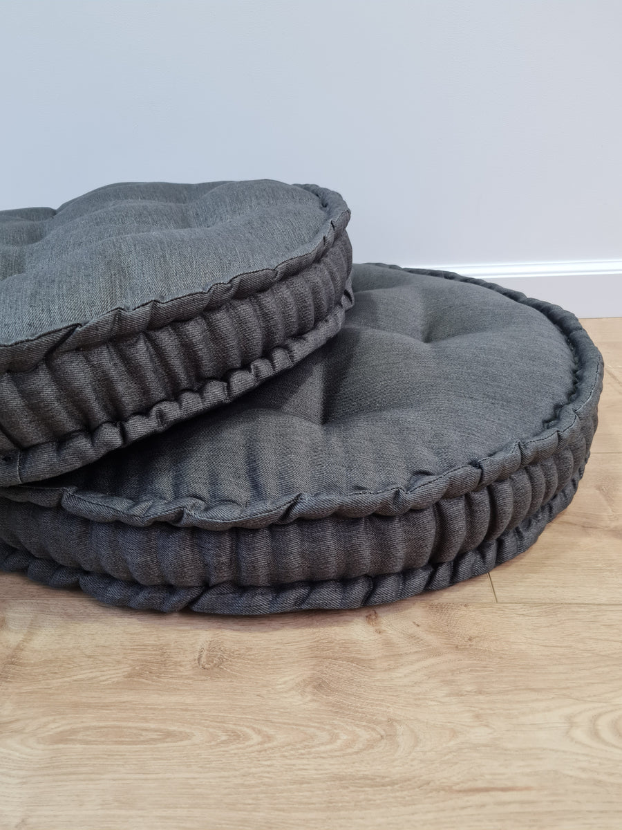 Round Hemp cushion Hemp fiber filling in natural charcoal grey linen fabric natural organic Floor cushion Meditation pillow custom made size