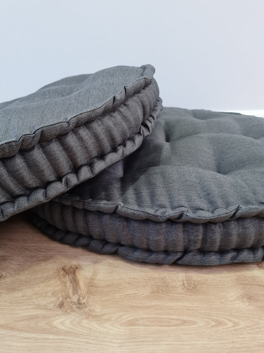 Round Hemp cushion Hemp fiber filling in natural charcoal grey linen fabric natural organic Floor cushion Meditation pillow custom made size