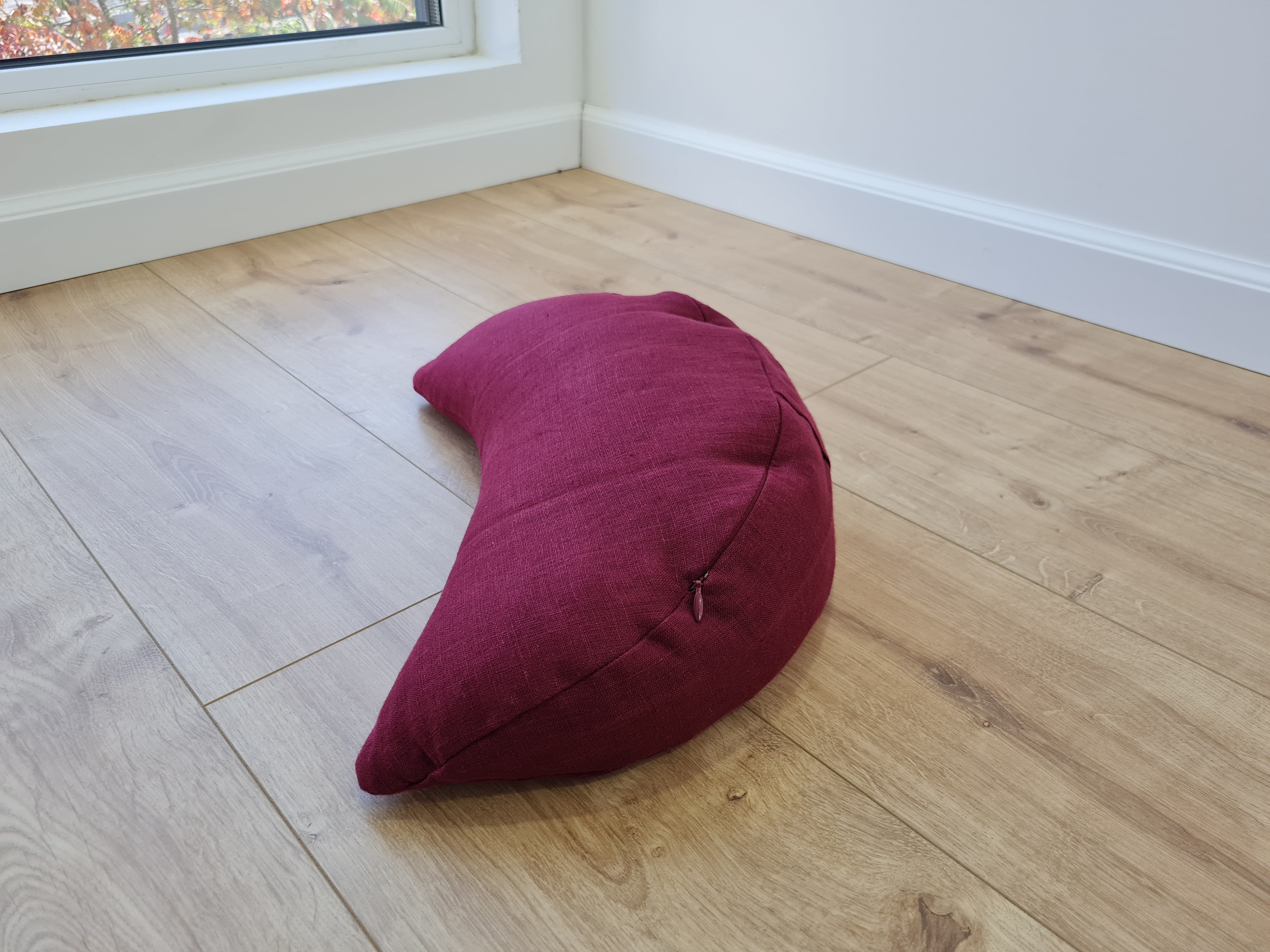 Linen meditation Crescent cushion filled with buckwheat hulls gift for him Yoga support pillow