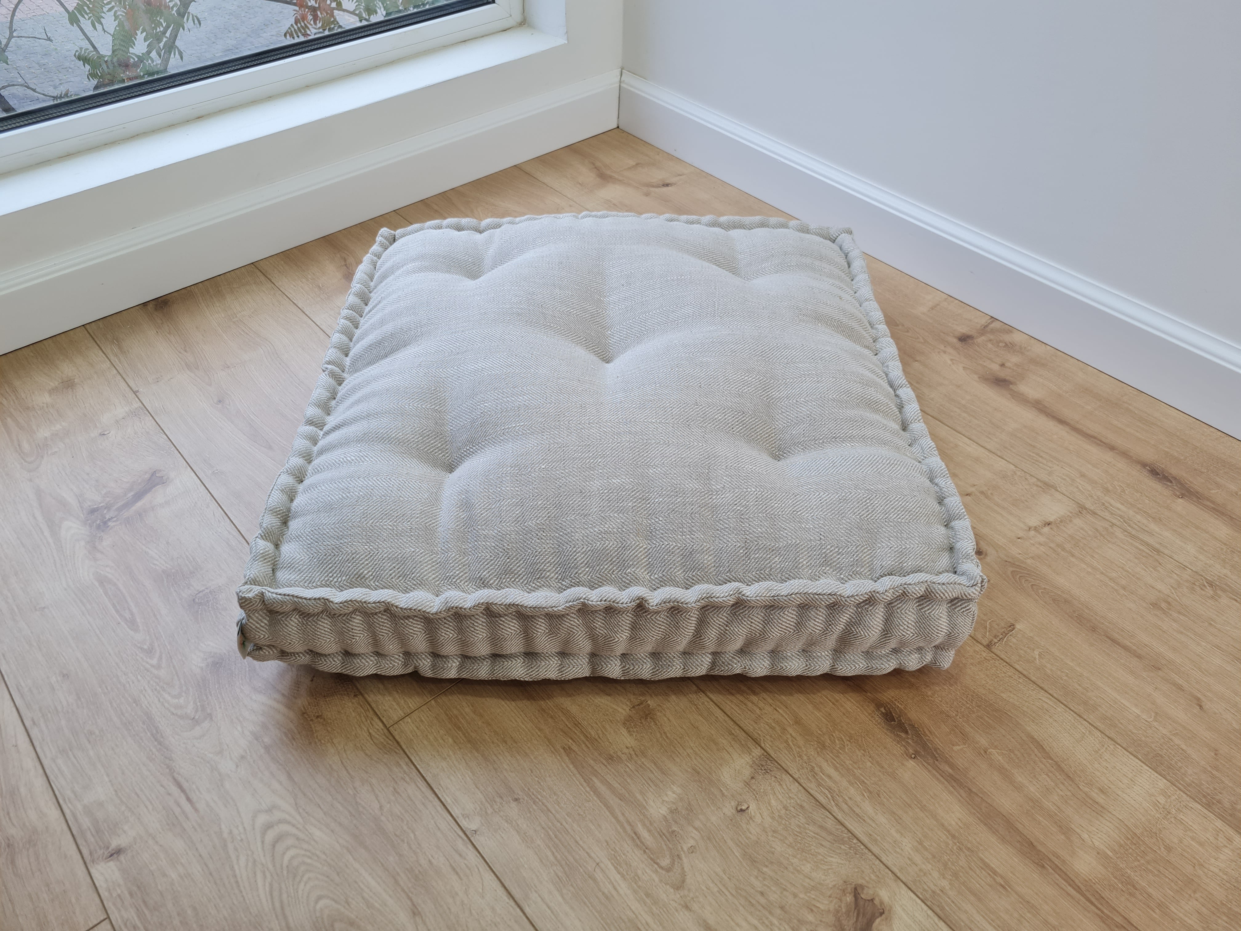 15" x 17.7" (38 x 45 cm) Hemp Custom madeWindow Mudroom Floor bench cushion filled organic hemp fiber in natural non-dyed linen fabric unique all natural pillow