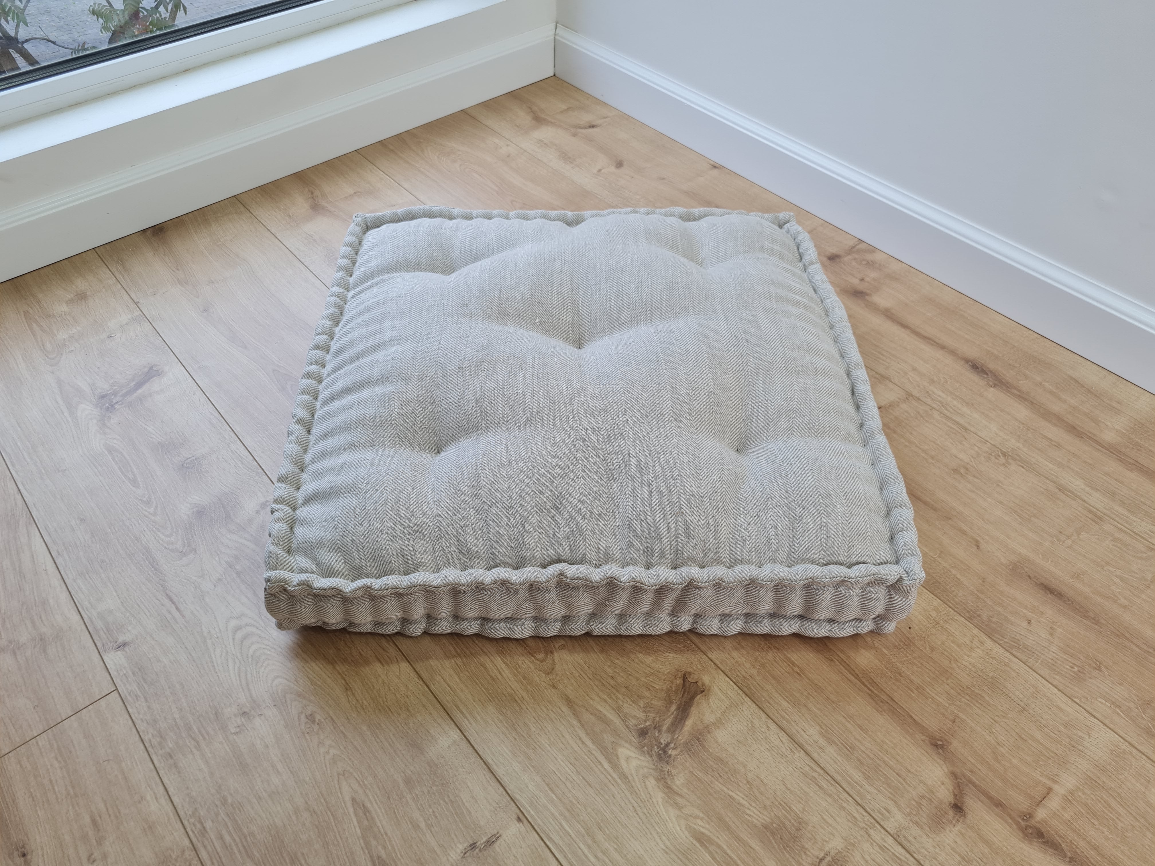 15" x 17.7" (38 x 45 cm) Hemp Custom madeWindow Mudroom Floor bench cushion filled organic hemp fiber in natural non-dyed linen fabric unique all natural pillow