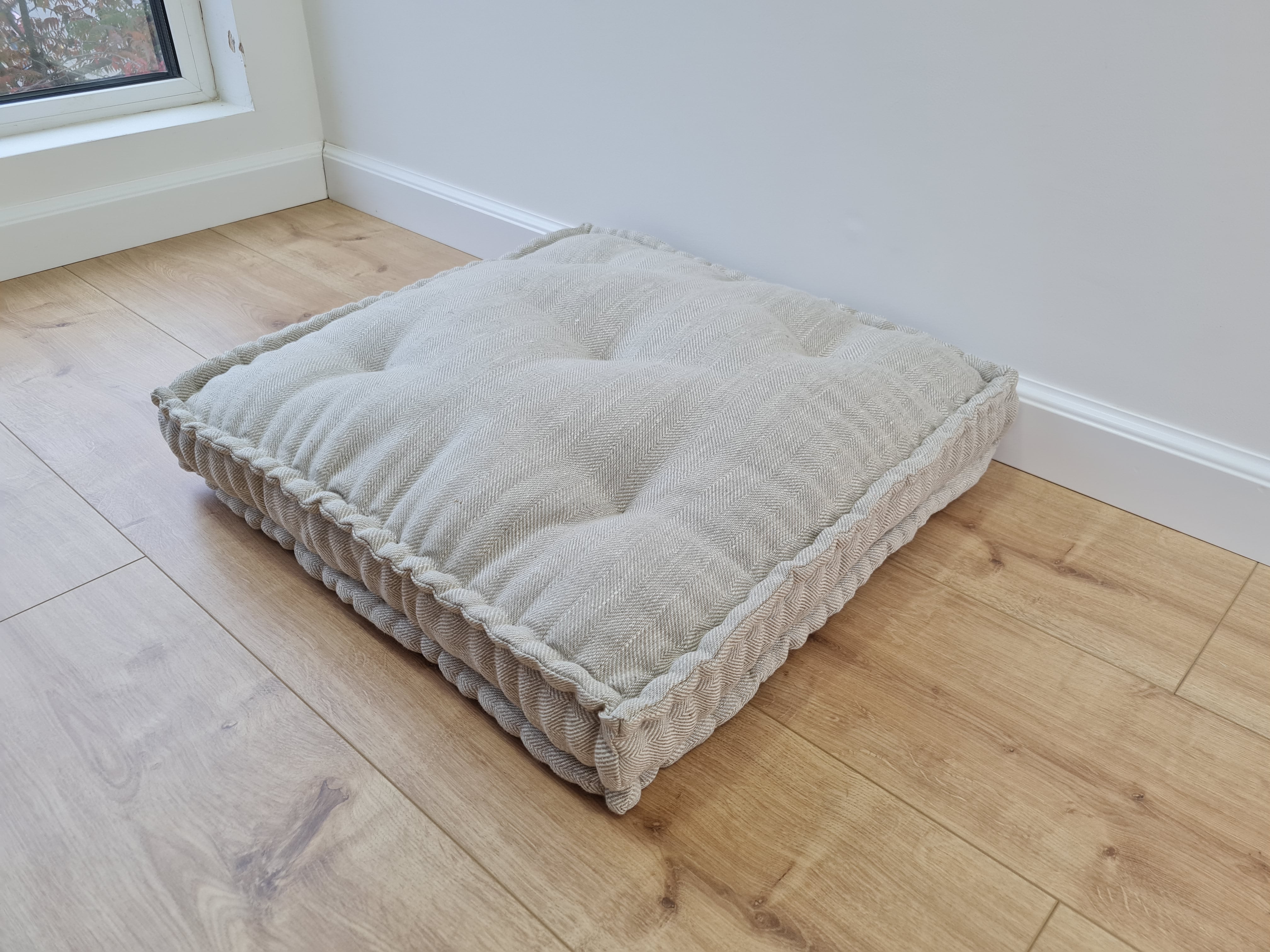 15" x 17.7" (38 x 45 cm) Hemp Custom madeWindow Mudroom Floor bench cushion filled organic hemp fiber in natural non-dyed linen fabric unique all natural pillow
