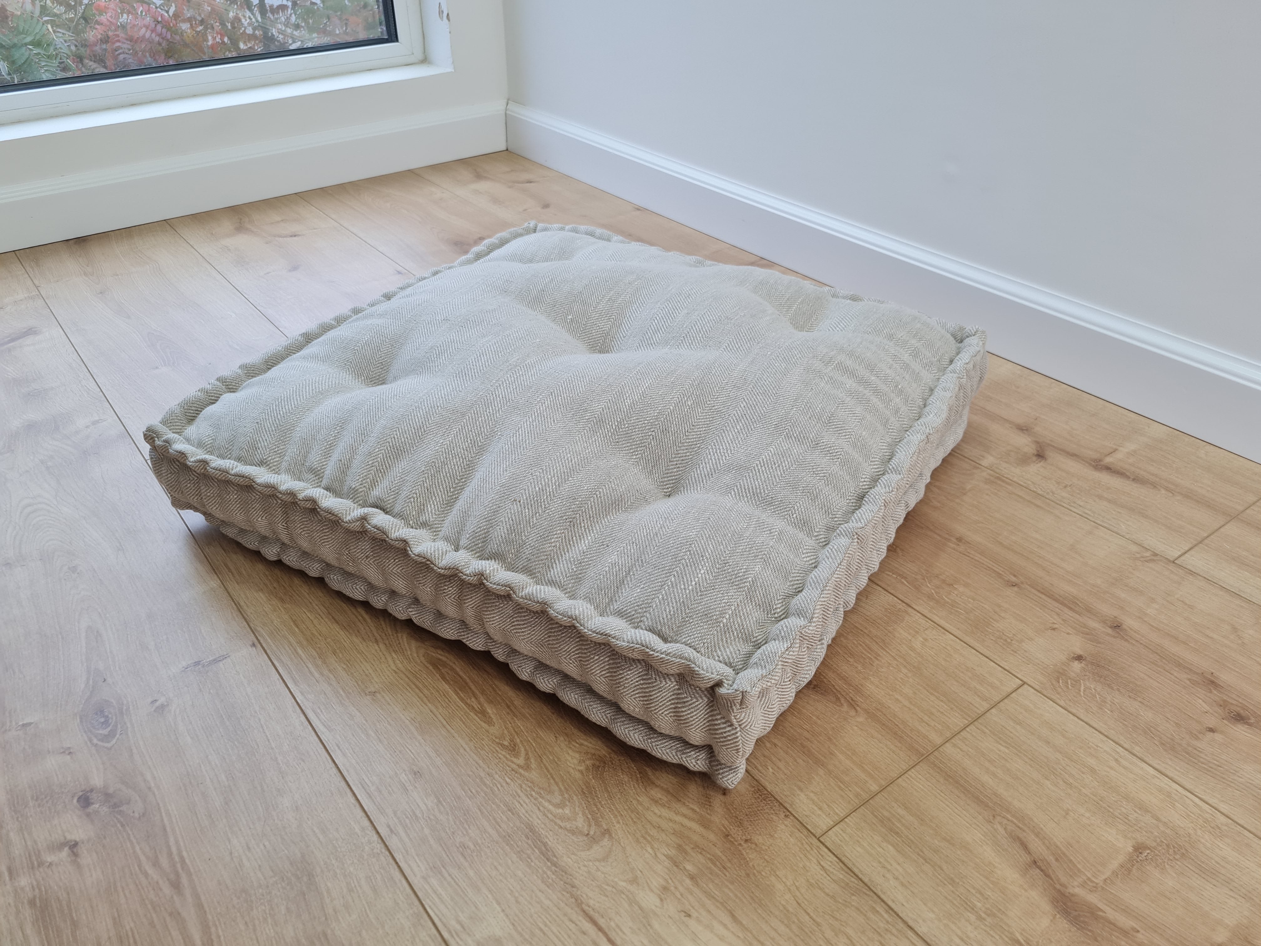 15" x 17.7" (38 x 45 cm) Hemp Custom madeWindow Mudroom Floor bench cushion filled organic hemp fiber in natural non-dyed linen fabric unique all natural pillow