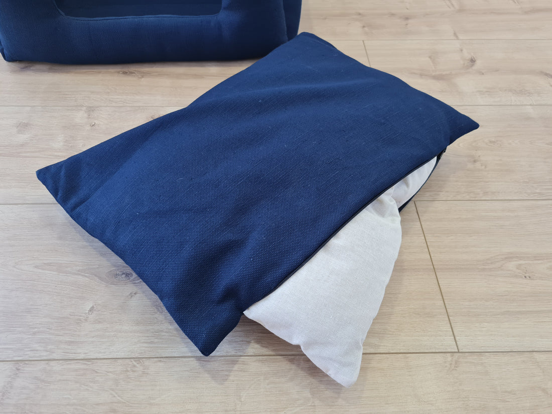 19"Lx13.4"W (48x34cm) Natural Hemp Linen Dog Bed Dark blue Linen Fabric filled organic Hemp Fiber filling - house for cats organic gift