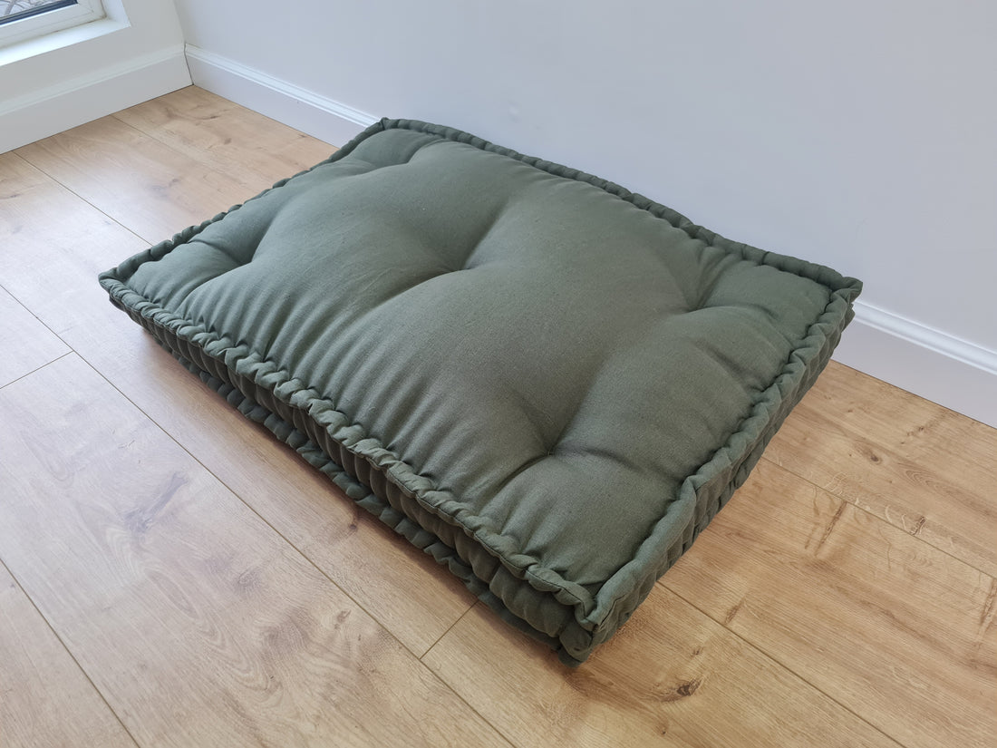 Hemp Custom made Window Mudroom Floor bench cushion filled organic hemp fiber in natural dark olive green linen fabric unique all natural pillow