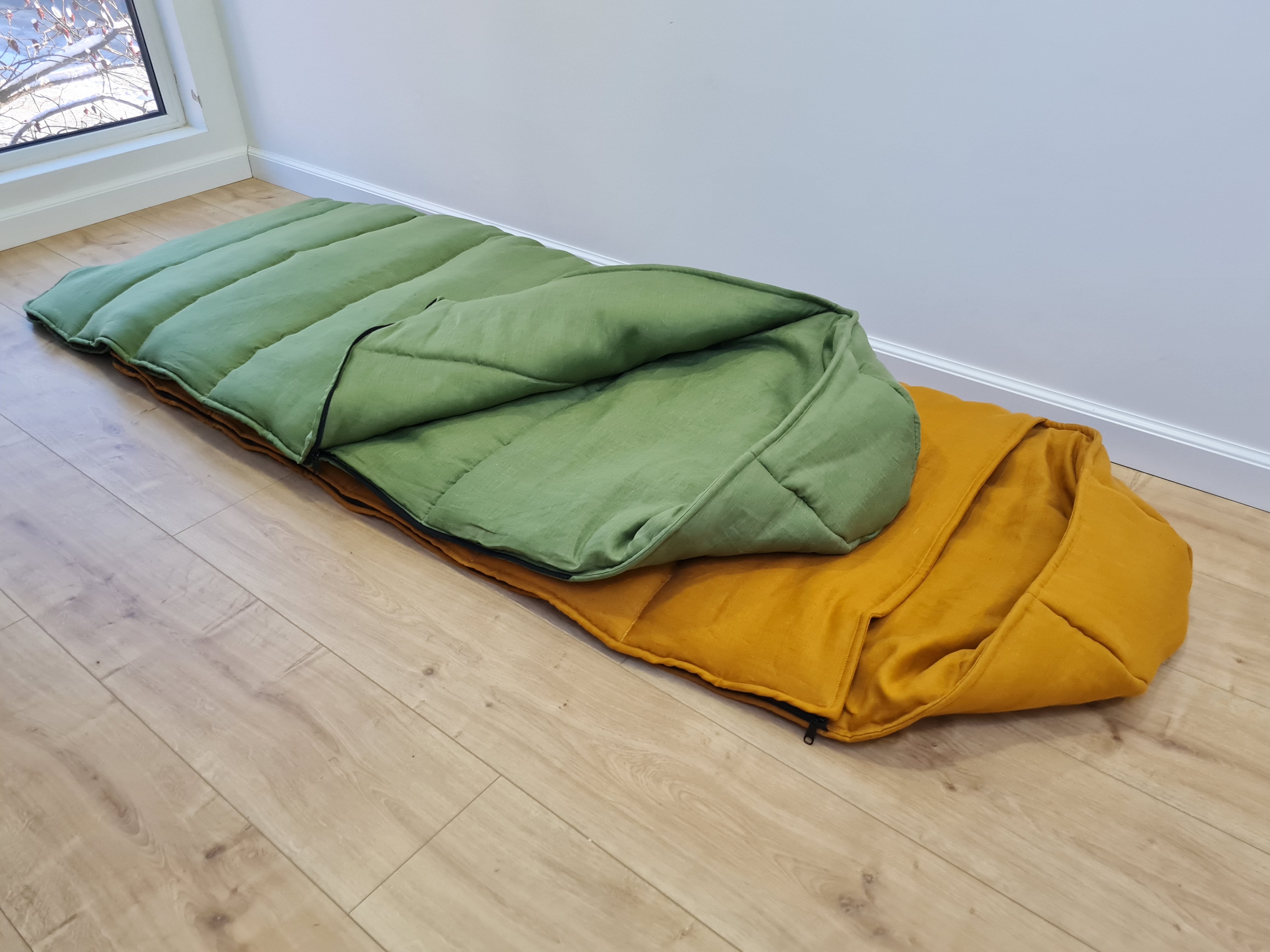 Natural Kids HEMP Linen Sleeping Bag with Hood School Nap mat for Kids, camping van sleeping bag organic hemp fiber filling