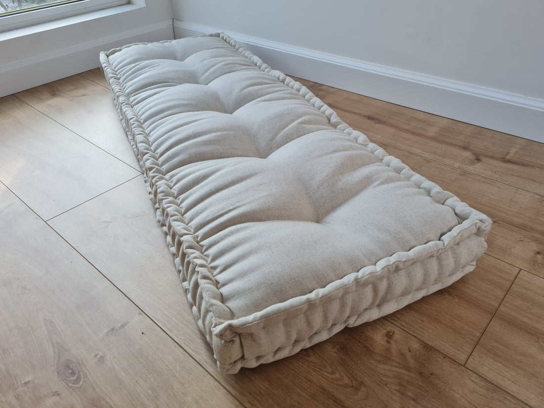 14" х 40" ( 35 х 102 cm) Hemp Custom madeWindow Mudroom Floor bench cushion filled organic hemp fiber in natural non-dyed linen fabric