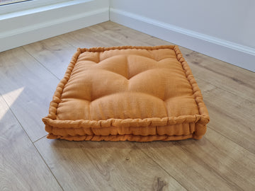 16"x16" (40x40 cm) Hemp Linen Floor Cushion fileld organic Hemp Fiber in orange Natural Linen fabric