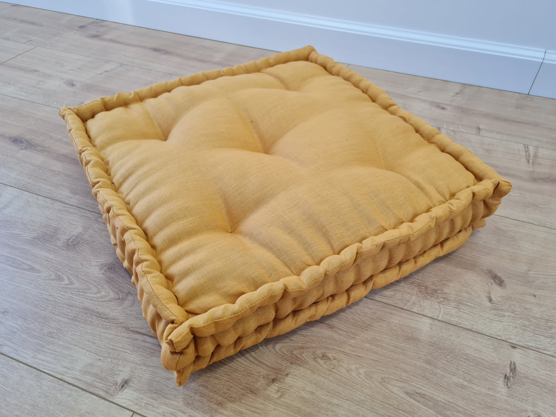 16"x16" (40x40 cm) Hemp Floor cushion with organic hemp fiber filling in natural yellow linen fabric / floor pillow / Pillow seat