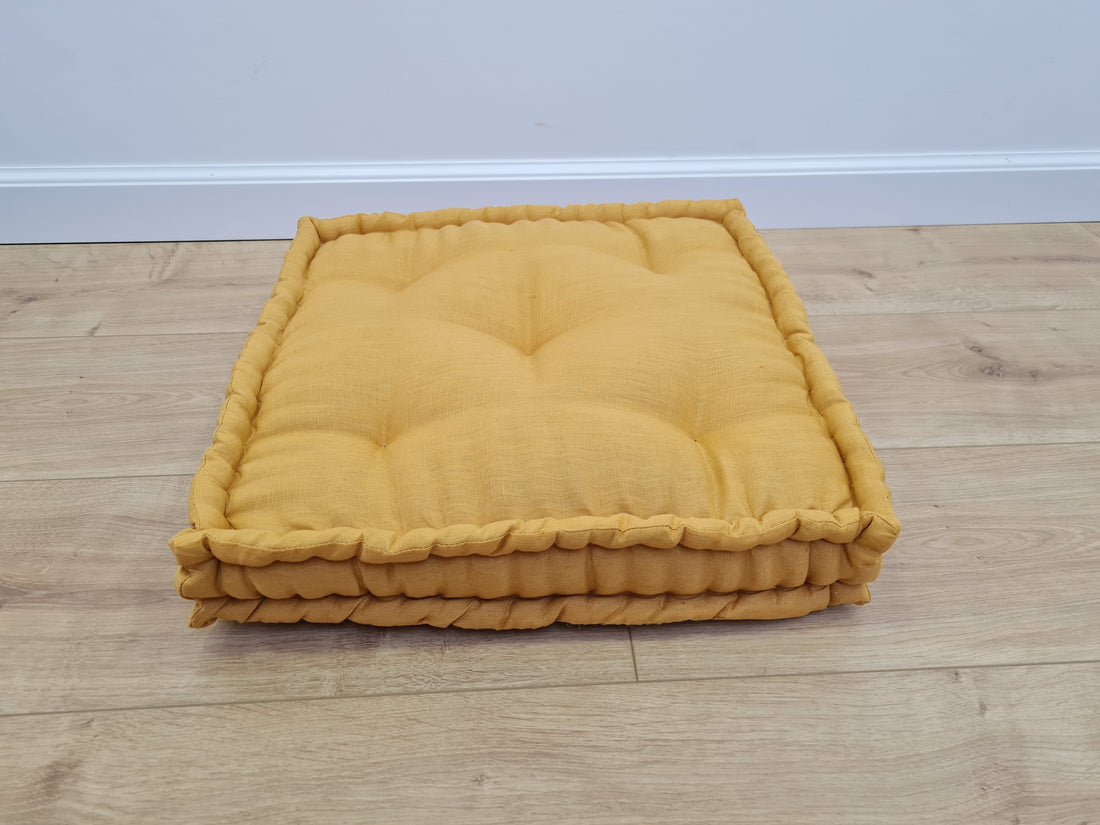 16"x16" (40x40 cm) Hemp Floor cushion with organic hemp fiber filling in natural yellow linen fabric / floor pillow / Pillow seat