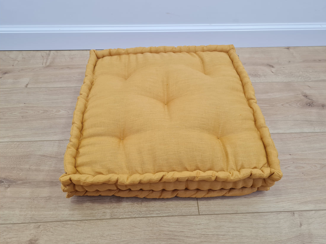 16"x16" (40x40 cm) Hemp Floor cushion with organic hemp fiber filling in natural yellow linen fabric / floor pillow / Pillow seat