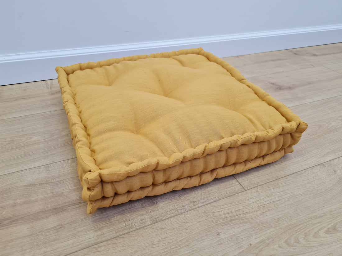 16"x16" (40x40 cm) Hemp Floor cushion with organic hemp fiber filling in natural yellow linen fabric / floor pillow / Pillow seat