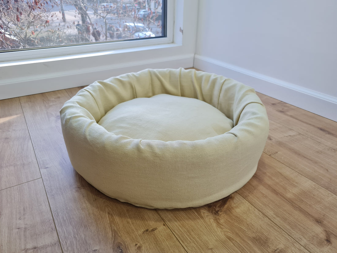 Unique Round Hemp Linen Pet Bed Cot with Removable Washable Natural light yellow Linen Cover Filled Organic Hemp Fiber eco-friendly Gift