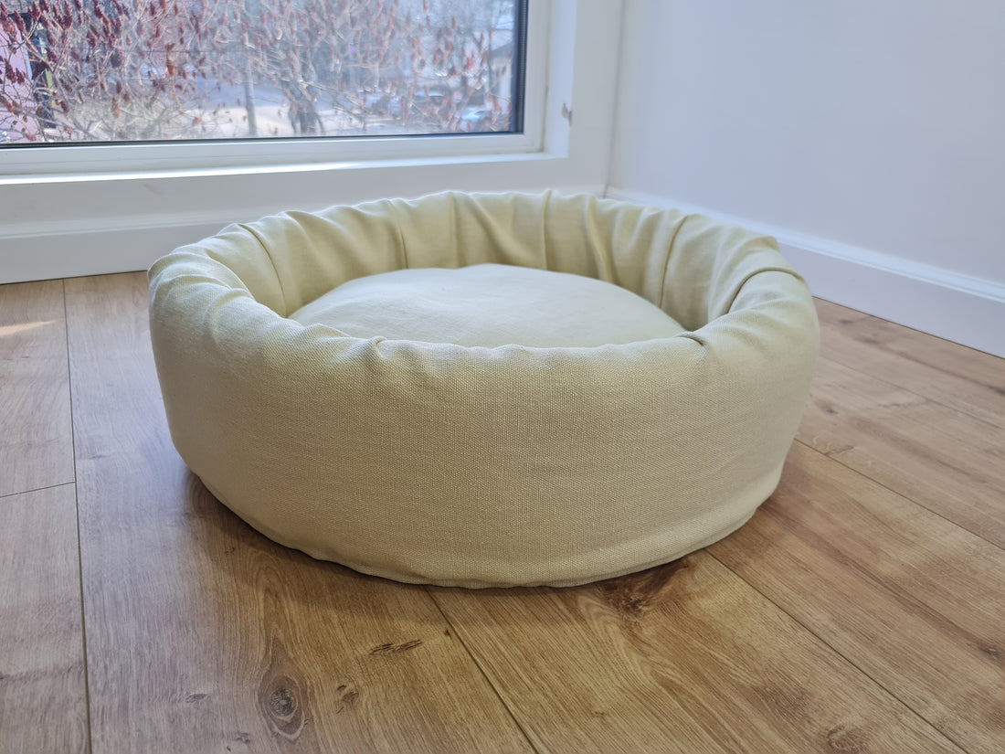 Unique Round Hemp Linen Pet Bed Cot with Removable Washable Natural light yellow Linen Cover Filled Organic Hemp Fiber eco-friendly Gift