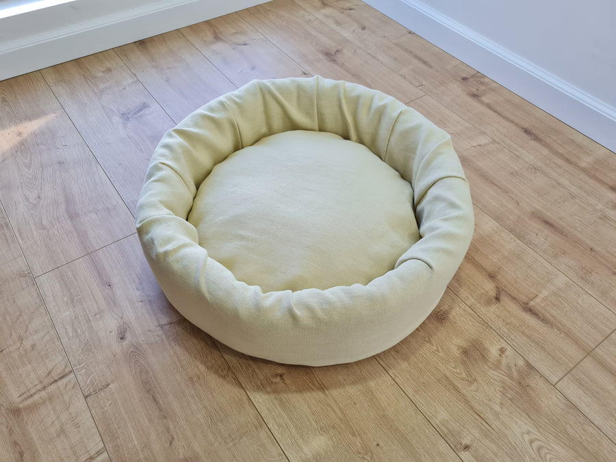 Unique Round Hemp Linen Pet Bed Cot with Removable Washable Natural light yellow Linen Cover Filled Organic Hemp Fiber eco-friendly Gift