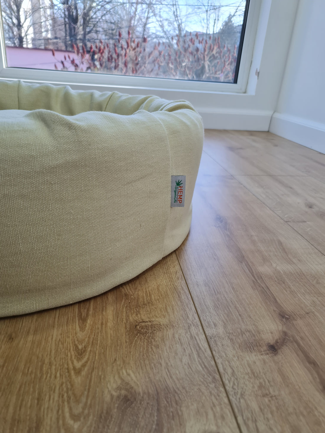 Unique Round Hemp Linen Pet Bed Cot with Removable Washable Natural light yellow Linen Cover Filled Organic Hemp Fiber eco-friendly Gift