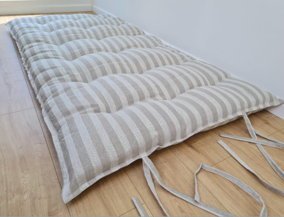 Special listing for Alex: topper from 2 parts with ties on an exterior furniture 66"x53" & 36"x27" hemp fiber filler in natural Linen in stripe