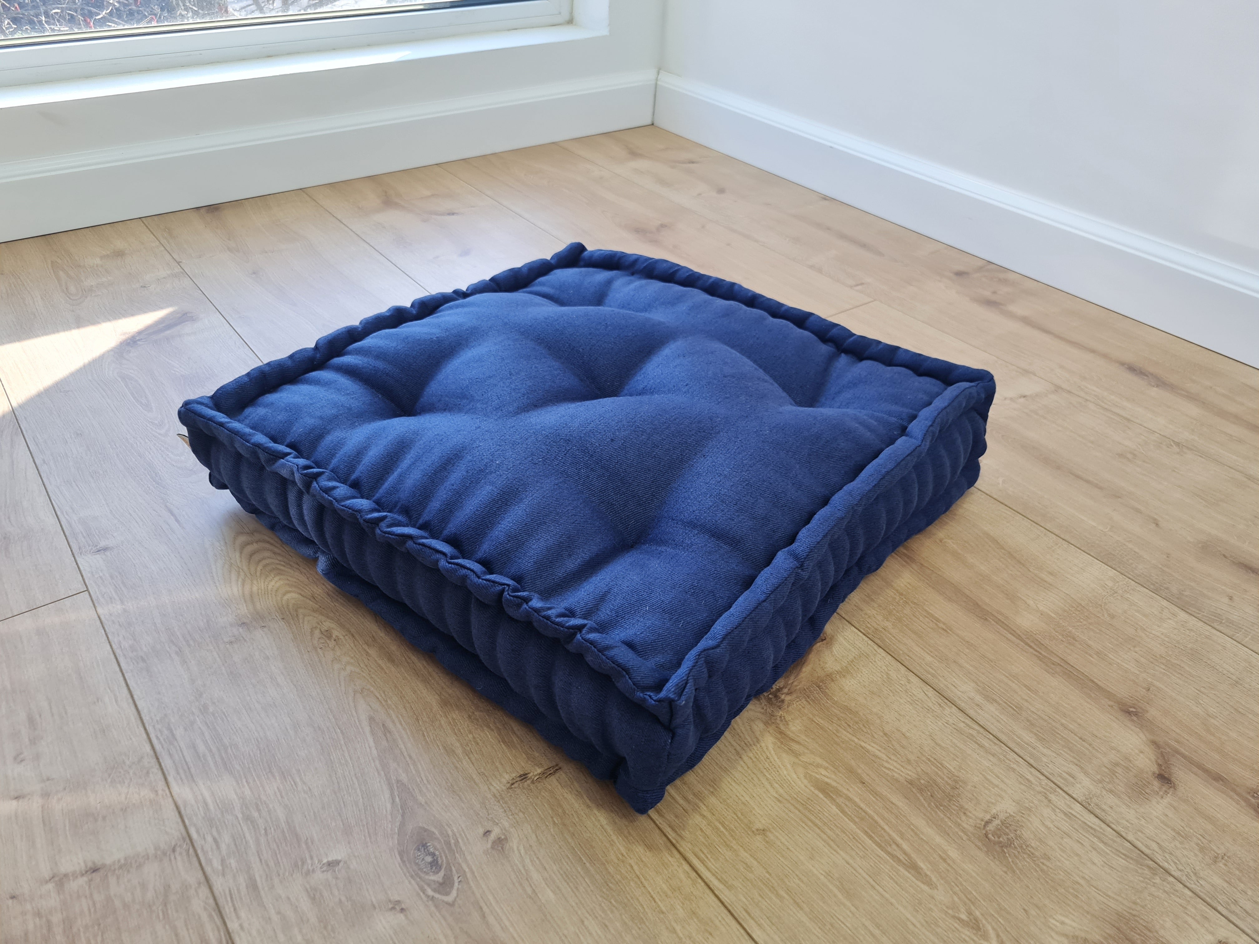 20"x20" (50x50 cm) Hemp Linen Floor Seat Pillow filled organic Hemp Fiber in linen fabric dark blue / floor bench cushion