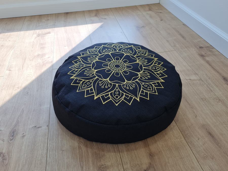 Embroidery Zafu Linen floor cushion with Buckwheat hulls /Organic Meditation cushion/ pillow seat/Meditation pillow for Yoga studio